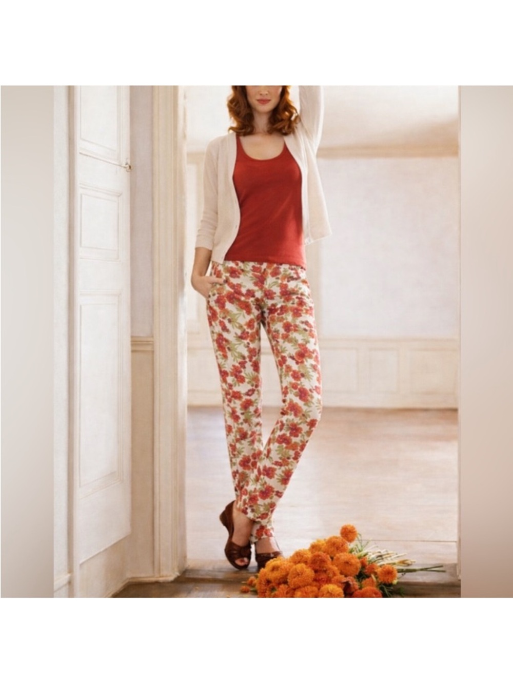 PAIGE Skyline Ankle Peg Floral Jeans Size 29 High Rise Skinny Cream Red